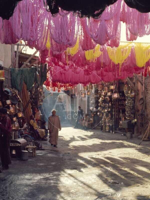 Figure in Wool Dyers Textile Souk, Marrakesh, Morocco, Africa - Photographic Print
