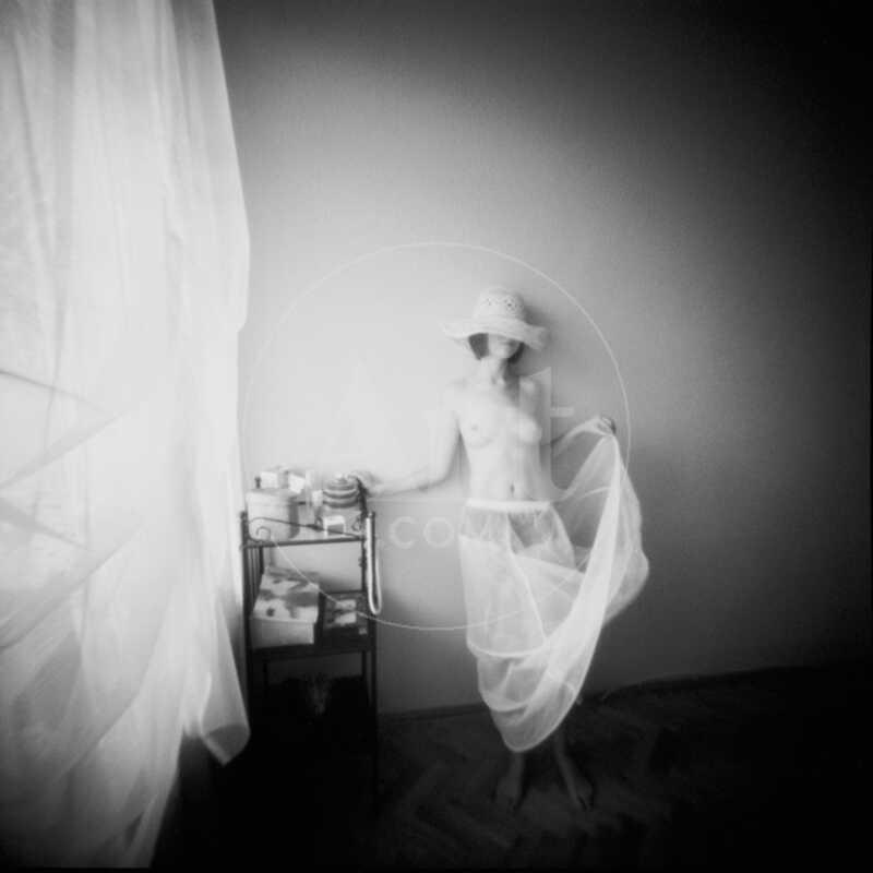 Pinhole Camera Shot of Standing Topless Woman in Hoop Skirt