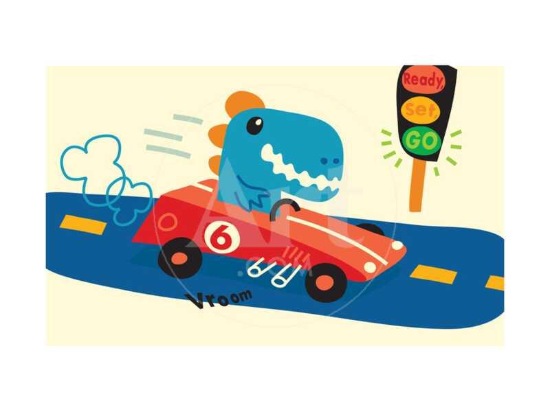Blue T-Rex in Red Racecar - Art Print