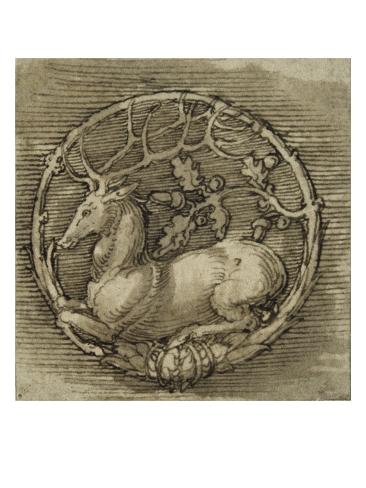 Ornament with a Deer Lying in a Circle of Oak Branch Giclee Print by
