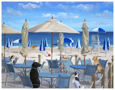 by Carol Saxe 18x6 Art Print White Fram Dogs on the Beach FRAMED Umbrella Paws