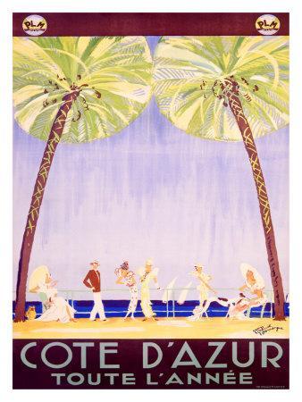 VINTAGE TRAVEL ART PRINT COTE D/'AZUR by Jean Domergue 28x40 Poster Palm Trees
