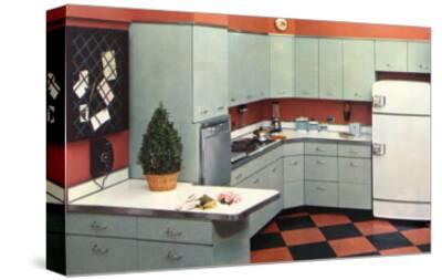 Modern Kitchen with Black and Orange Tile Floor Art Print ...