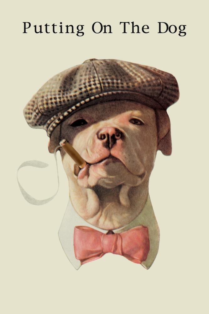 Image of Dog in Hat and Bow Tie Smoking a Cigar