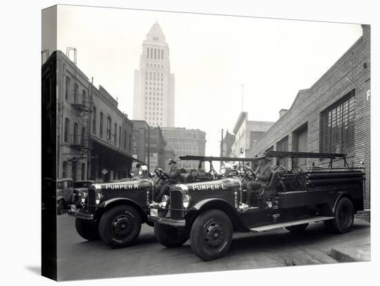 1920s-1930s Two Fire Trucks with Los Angeles City Hall California-null-Premier Image Canvas