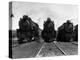 1930s Head-On Shot of Three Steam Engine Train Locomotives on Tracks-null-Premier Image Canvas