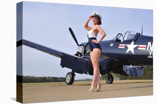 1940's Style Navy Pin-Up Girl Posing with a Vintage Corsair Aircraft-null-Premier Image Canvas