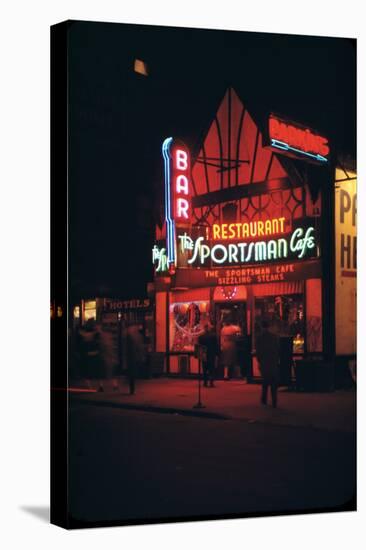 1945: Neon Lights Outside the Sportsman Cafe on 236 West 50th Street at Night, New York, NY-Andreas Feininger-Premier Image Canvas