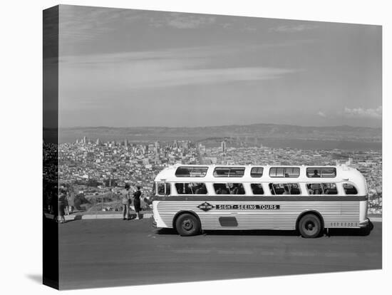 1950s Sightseeing Tour Bus Parked at Twin Peaks for View of San Francisco and Bay Area California-null-Premier Image Canvas