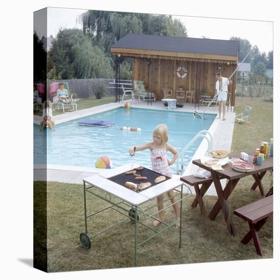 1959: Family Cookout and Enjoying the Backyard Swimming Pool, Trenton, New Jersey-Frank Scherschel-Premier Image Canvas
