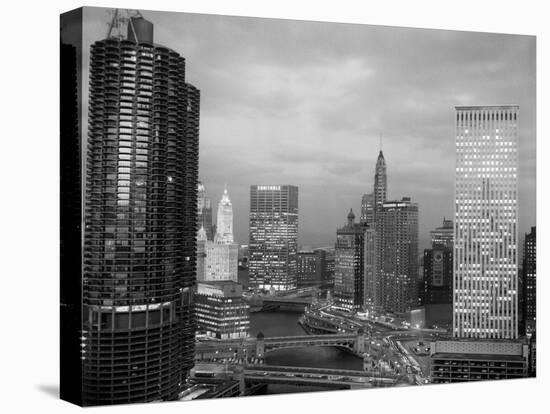 1960s Chicago, River Bridges and Downtown Skyline at Dusk Chicago,-null-Premier Image Canvas