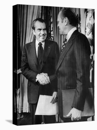 1973 US Presidency, President Richard Nixon Shakes Hands with New Vice President Gerald Ford, 1973-null-Stretched Canvas