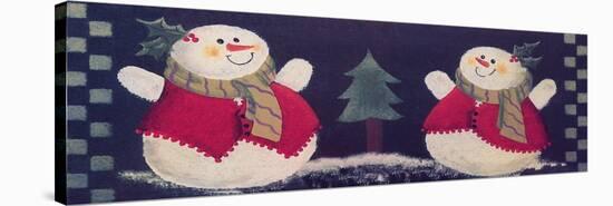 2 Snowmen with Tree Between Them with Checkered Border on Either Side-Beverly Johnston-Premier Image Canvas