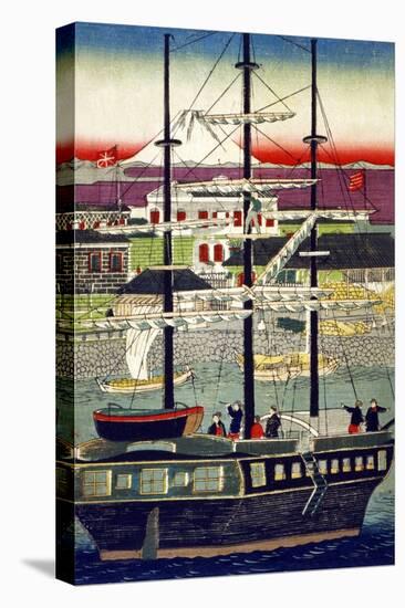 3 Masted Ship in Yokohama Harbor, Japanese Wood-Cut Print-Lantern Press-Stretched Canvas