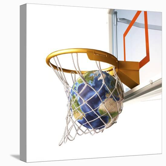 3D Rendering of Planet Earth Falling Into a Basketball Hoop-Stocktrek Images-Premier Image Canvas