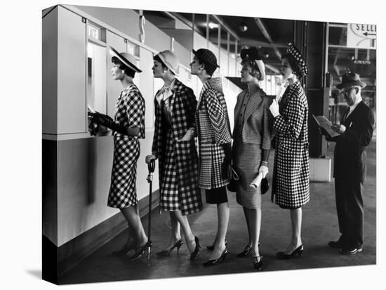 5 Models Wearing Fashionable Dress Suits at a Race Track Betting Window, at Roosevelt Raceway-Nina Leen-Premier Image Canvas