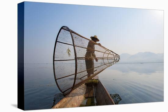 A Basket Fisherman on Inle Lake Prepares to Plunge His Cone Shaped Net, Shan State, Myanmar (Burma)-Alex Treadway-Premier Image Canvas