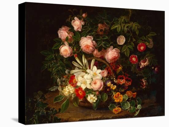 A Basket of Roses, Lilies and Pansies by a Rose Bush, 1885-Johan Laurents Jensen-Premier Image Canvas