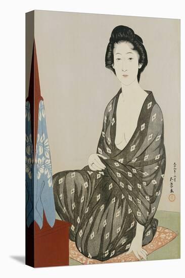 A Beauty in a Black Kimono with White Hanabishi Patterns Seated Before a Mirror-Hashiguchi Goyo-Premier Image Canvas