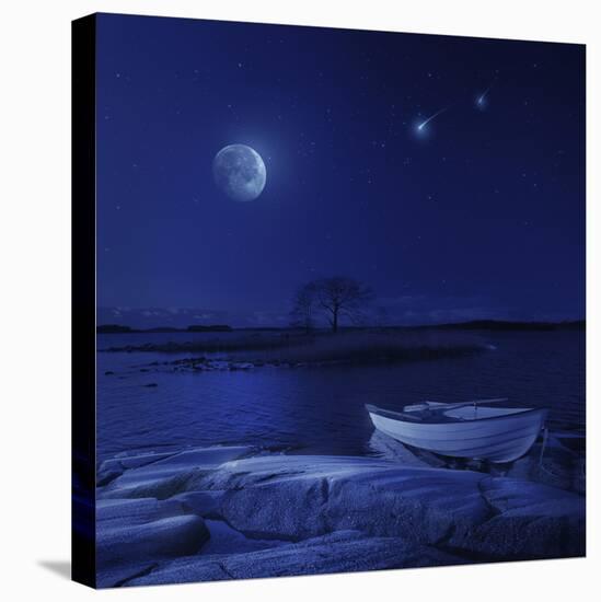 A Boat Moored Near an Icy Stone in a Lake Against Starry Sky, Finland-null-Premier Image Canvas