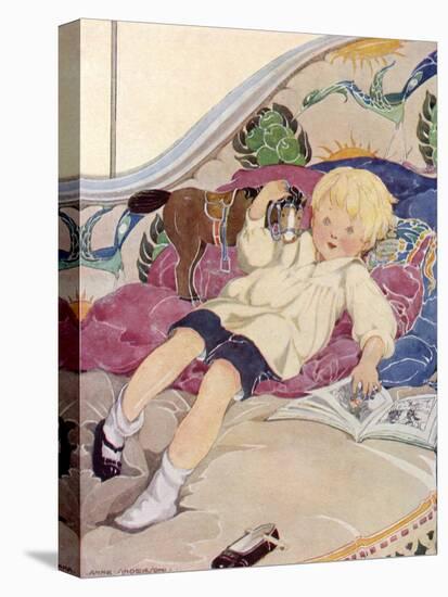 A Boy Lying on a Bed with a Book and a Toy Horse-Anne Anderson-Stretched Canvas