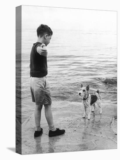 A Boy Throws Stones into the Sea for His Dog to Retrieve: the Dog Looks Up Expectantly-Henry Grant-Premier Image Canvas