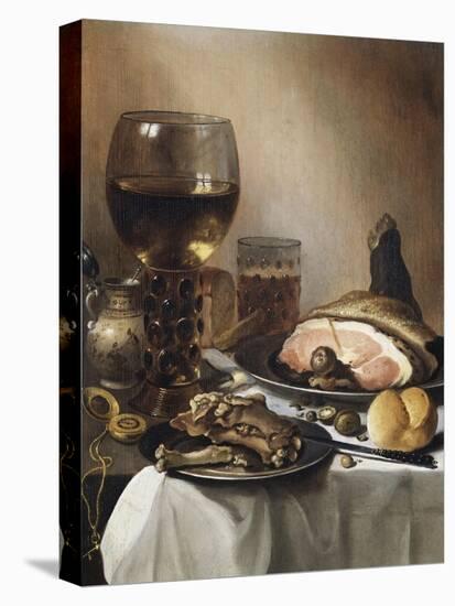 A Breakfast Still Life of a Roemer Ham and Meat on Pewter Plates, Bread and a Gold Verge Watch on…-Pieter Claesz-Premier Image Canvas