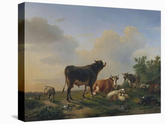 A Bull, a Cow, a Donkey, a Goat, a Dog, Sheep and Poultry in an Extensive Landscape, 1849-Joseph Bail-Premier Image Canvas