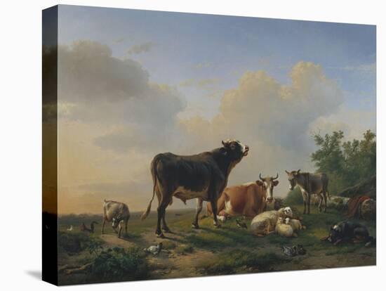 A Bull, a Cow, a Donkey, a Goat, Sheep and Poultry in an Extensive Landscape, 1849-Eugene Joseph Verboeckhoven-Premier Image Canvas