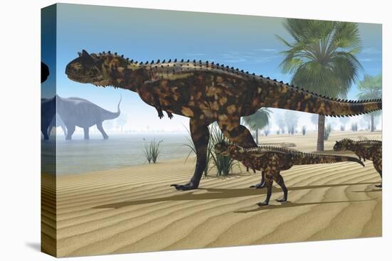 A Carnotaurus Mother Brings Her Offspring Down to a River to Drink-null-Stretched Canvas