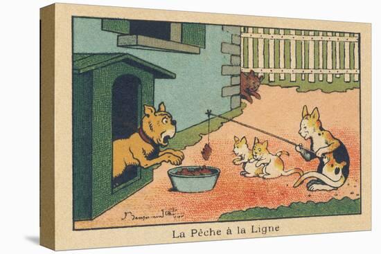 A Cat Plays with Tending Food to the Dog Attached to its Kennel.” Angling” ,1936 (Illustration)-Benjamin Rabier-Premier Image Canvas