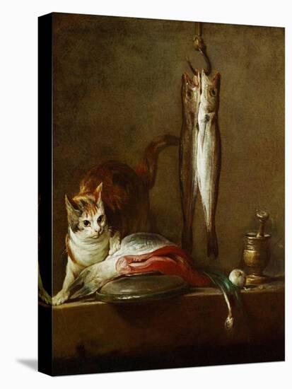 A Cat with a Piece of Salmon, Two Mackerels, Mortar and Pestle, 1728-Jean-Baptiste Simeon Chardin-Premier Image Canvas