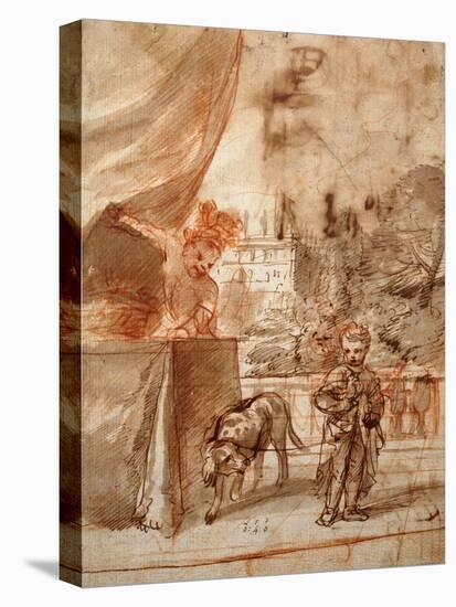 A Child with a Dog and A Young Man on a Terrace pen and ink-Pier Francesco Mola-Premier Image Canvas