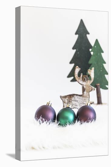 A Christmas Decoration Made of Wood, Fir Trees with Reindeer and Christmas Balls-Petra Daisenberger-Premier Image Canvas