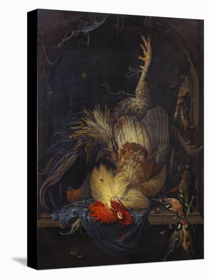 A Cockerel, a Partridge, Powder Horns, a Kingfisher and Song-Birds Hanging in a Niche, with a…-Abraham Mignon-Premier Image Canvas