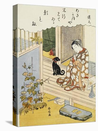 A Courtesan Seated on a Veranda Brushing Her Teeth and Pensively Looking at Flowering Morning Glory-Harunobu-Premier Image Canvas