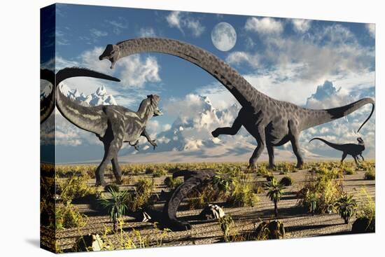 A Deadly Confrontation Between a Diplodocus and a Pair of Allosaurus-null-Stretched Canvas
