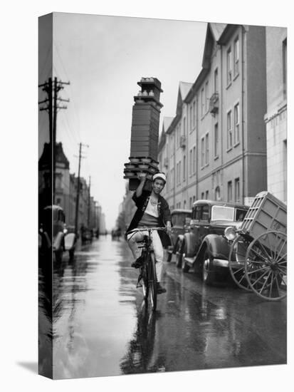 A Delivery Boy for a Tokyo Restaurant Carries a Tray of Soba Bowls-null-Premier Image Canvas