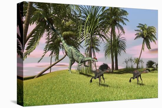 A Dilophosaurus Chasing Two Gigantoraptors across a Grassy Field-null-Stretched Canvas