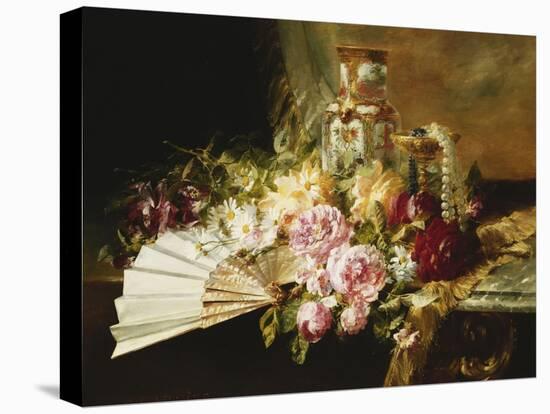 A Fan with Roses, Daisies and a Famille Rose Vase on a Draped Table, 1881-Pierre Garnier-Premier Image Canvas