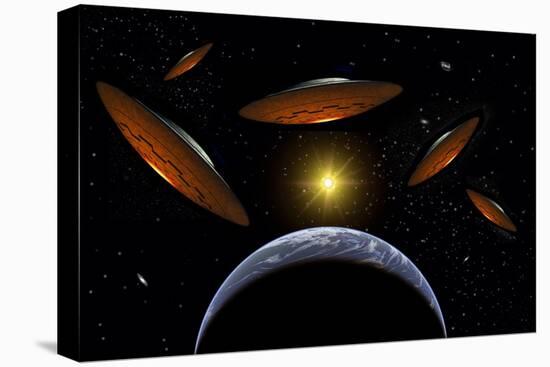 A Fleet of Flying Saucers Arriving at Earth in Preparation of an Attack Against Humanity-null-Stretched Canvas