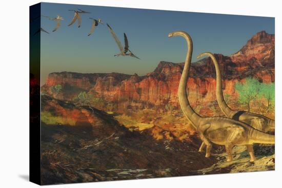 A Flock of Pterosaurs Fly Past Two Omeisaurus Dinosaurs-Stocktrek Images-Stretched Canvas