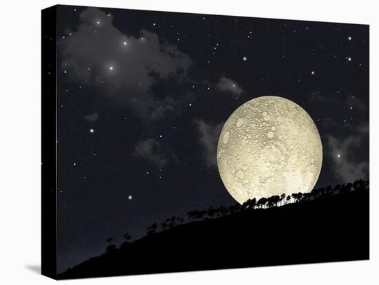A Full Moon Rising Behind a Row of Hilltop Trees-null-Stretched Canvas