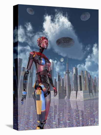 A Futuristic City Where Robots and Flying Saucers are Common Place-Stocktrek Images-Stretched Canvas