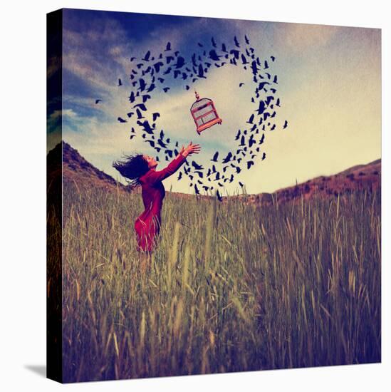A Girl in a Field Tossing a Birdcage in the Air with Birds Flying in the Shape of a Heart Toned Wit-graphicphoto-Premier Image Canvas