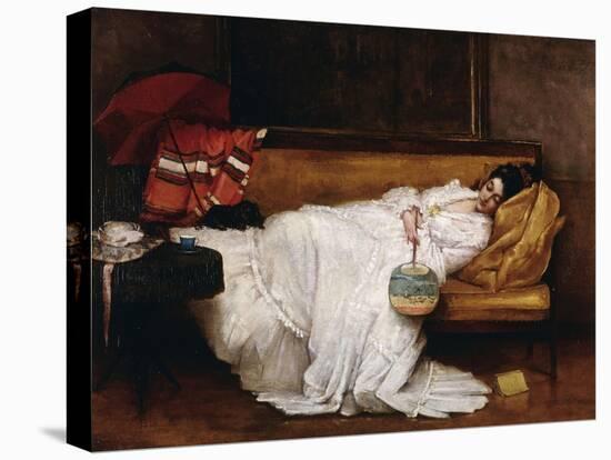A Girl with a Japanese Fan Asleep on a Sofa-Alfred Emile Léopold Stevens-Premier Image Canvas