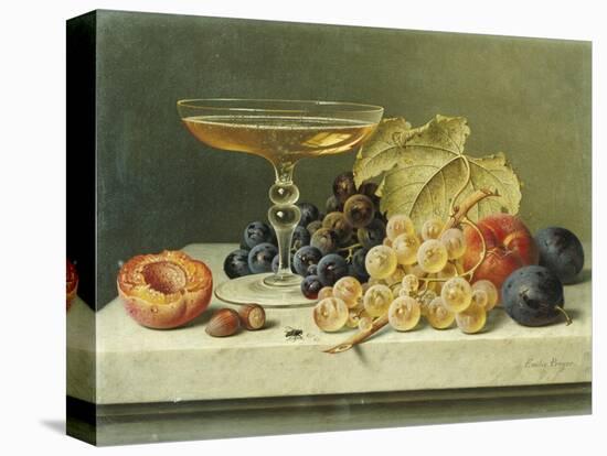 A Glass of Champagne, Grapes Plums and a Peach on a Marble Ledge-Emilie Preyer-Premier Image Canvas