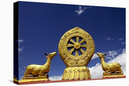 A Golden Dharma Wheel and Deer Sculptures-Simon Montgomery-Premier Image Canvas