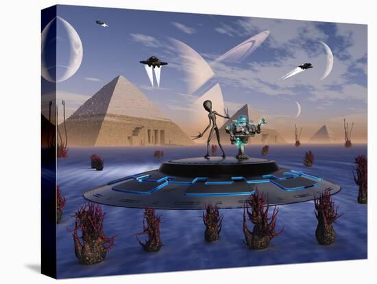 A Grey Alien Visits the Site of Three Pyramids on an Alien World-Stocktrek Images-Premier Image Canvas