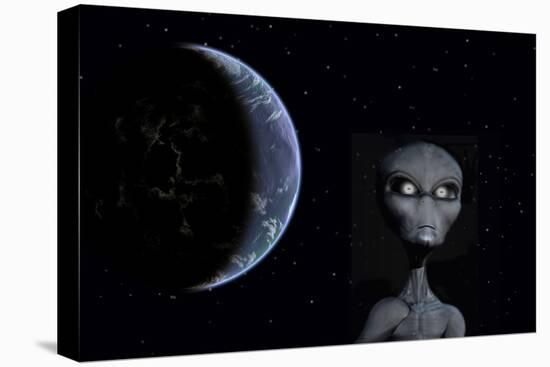 A Grey Alien with Planet Earth in the Background-null-Stretched Canvas